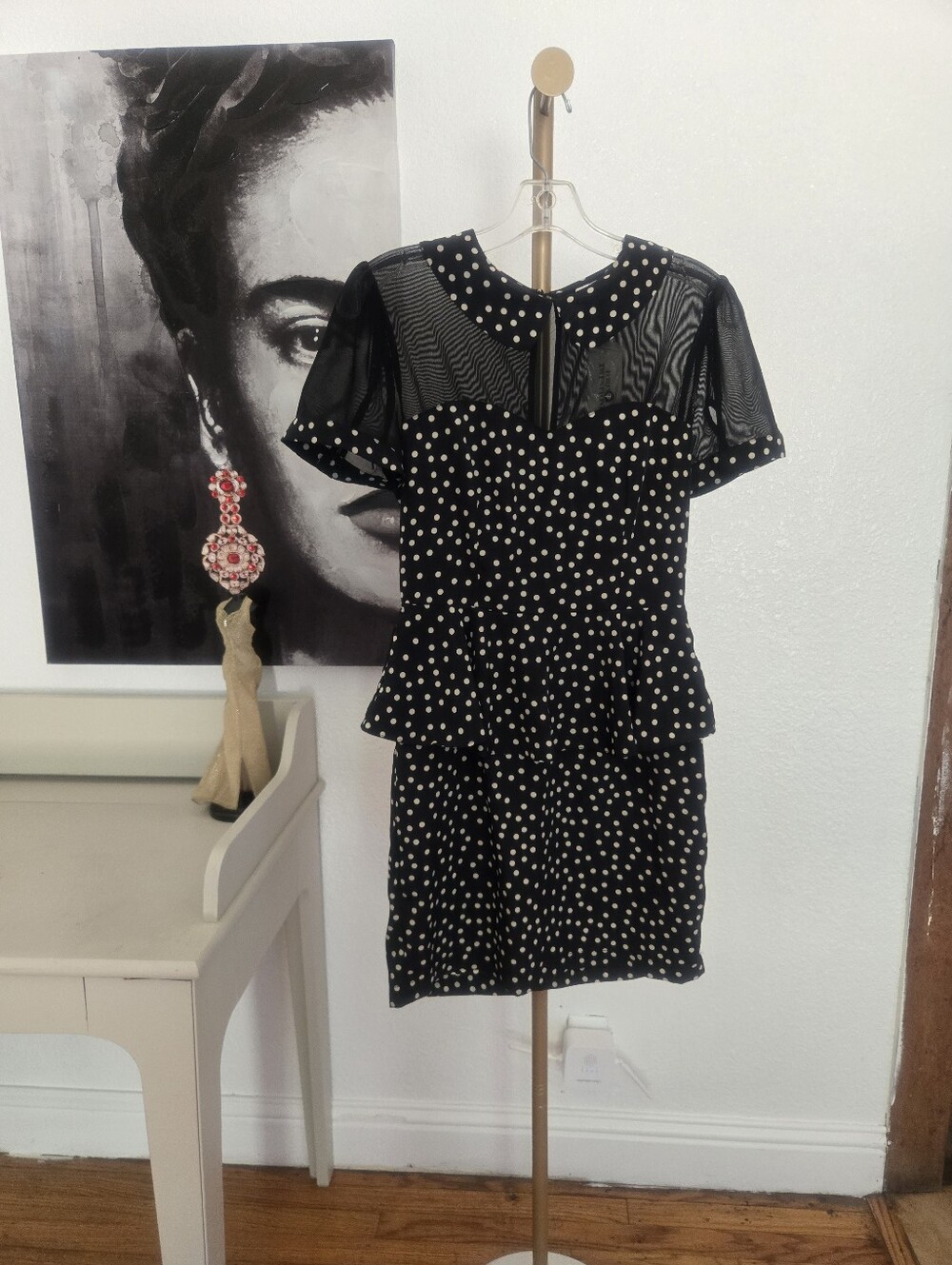 NWT Forever 21 Black Polka Dot Peplum Dress with Sheer Yoke Size Small